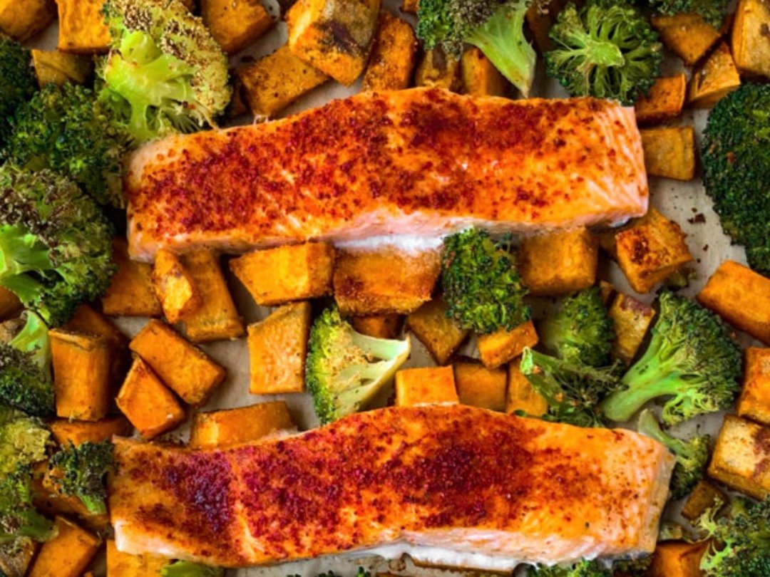 One-Pan Turmeric Salmon with Broccoli & Sweet Potato